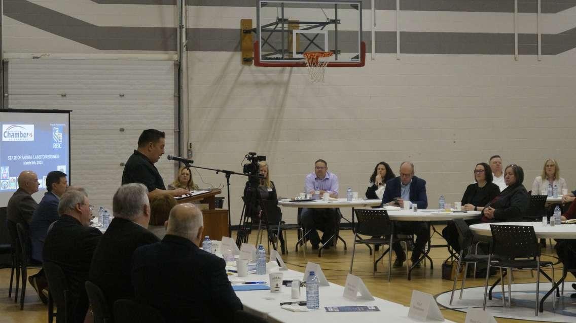 Aamjiwnaang Chief Chris Plain speaks during the inaugural State of Sarnia-Lambton Business Breakfast. 9 May 2023. (Photo by Blackburn Media Sarnia)