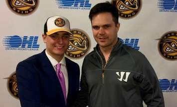 Alex Hogue (L) and Sarnia Sting GM Nick Sinclair (R) (Photo Courtesy of Sarnia Sting)