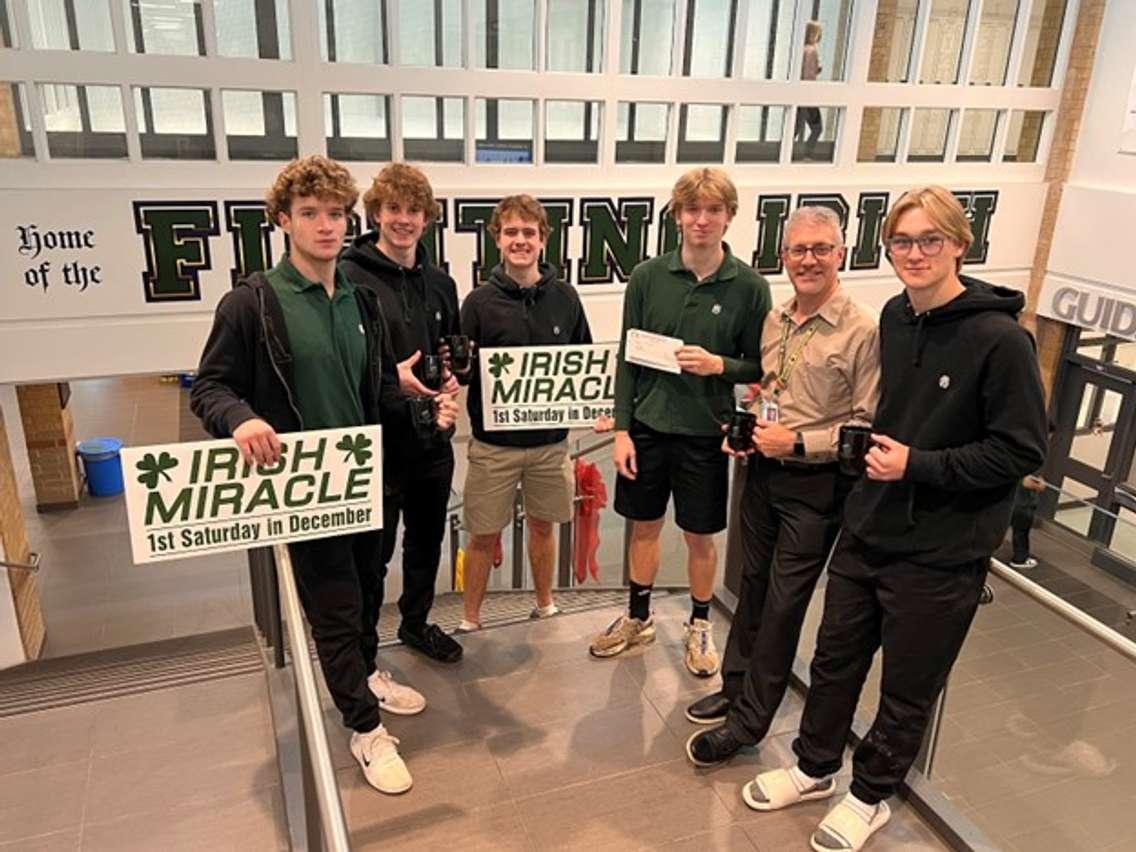 St. Patricks Grade 12 Leadership students (L-R) Lucas Cadieux, Garrett Glover, Jack Doan, Carter Grasse, Principal Frank Torti and Logan Sygrove. (Supplied by: Todd Lozon)