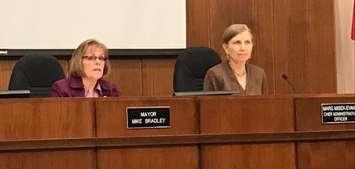 Veteran councillor Anne Marie Gillis chairs final meeting of Sarnia council 2014-2018 term.  CAO Margaret Misek-Evans to her right. November 19, 2018 Photo by Melanie Irwin