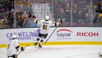 Beckham Edwards scores a goal against the Saginaw Spirit - Oct. 4/24 (Photo courtesy of Metcalfe Photography)