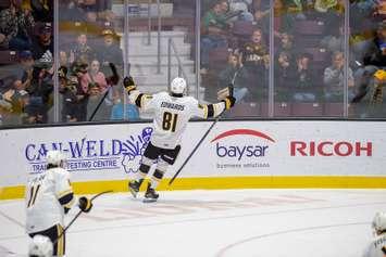 Beckham Edwards scores a goal against the Saginaw Spirit - Oct. 4/24 (Photo courtesy of Metcalfe Photography)