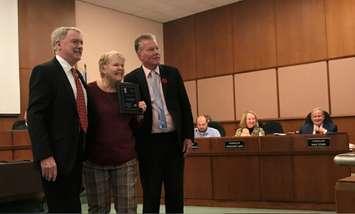 Sarnia Mayor Mike Bradley is joined by councillor George Vandenberg to present a 2019 Accessibility Award to Lynne Betteridge. October 28, 2019 Photo by Melanie Irwin