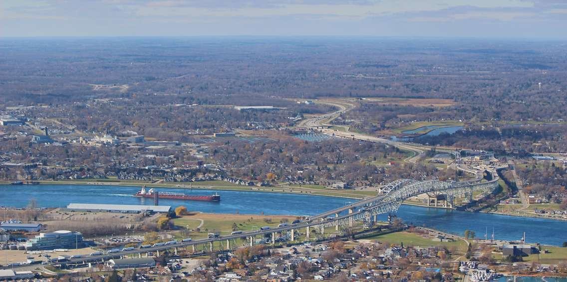 An aerial view of the Blue Water Bridge taken during a 403 Honour Flight on Remembrance Day. Nov. 11, 2020 (BlackburnNews.com photo by Dave Dentinger)