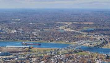 An aerial view of the Blue Water Bridge taken during a 403 Honour Flight on Remembrance Day. Nov. 11, 2020 (BlackburnNews.com photo by Dave Dentinger)