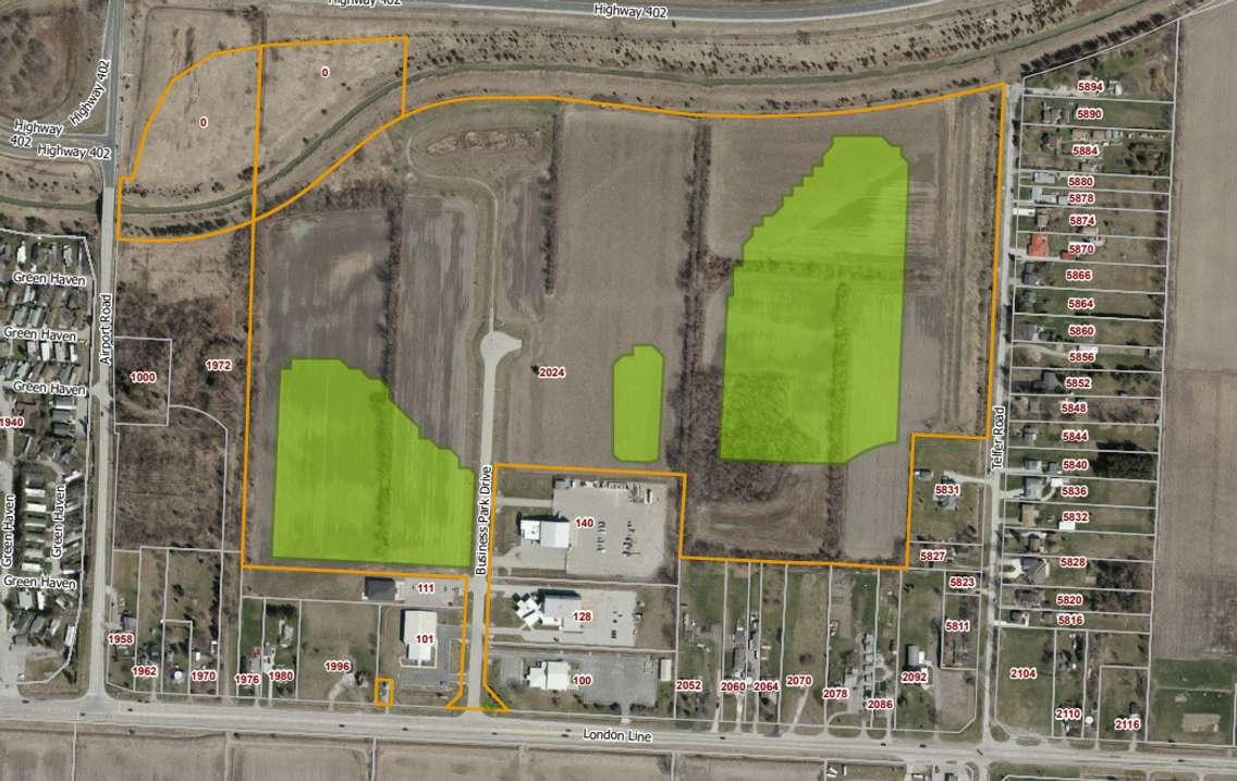 Areas of the 402 Business Park in Sarnia where encampments are non-prohibited. Image courtesy of the City of Sarnia.