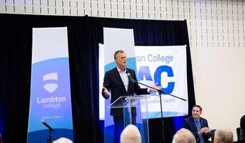 Leo Rautins speaks during the opening of the Lambton College Athletics & Fitness Complex. October 18, 2018. (Photo by Lambton College)