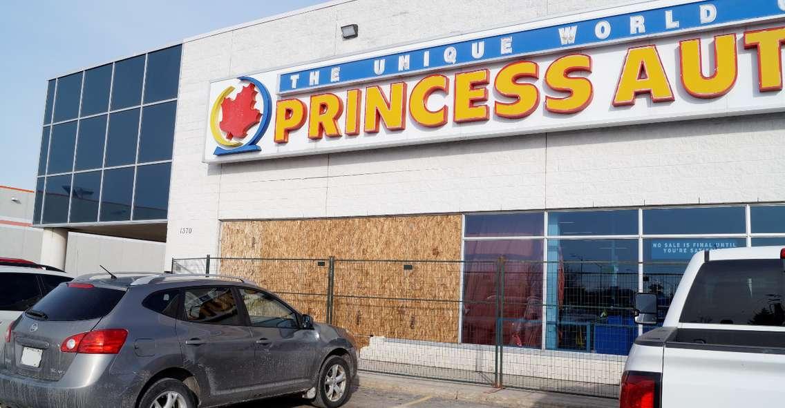 A boarded up area outside Princess Auto in Sarnia following a collision involving an alleged impaired driver. 22 January 2020. (BlackburnNews.com photo by Colin Gowdy)