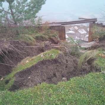 A portion of seawall that collapsed along the shore of Lake Huron near the walking trail between Kenwick St. and Helen St. in Bright’s Grove. Photo courtesy of City of Sarnia
 