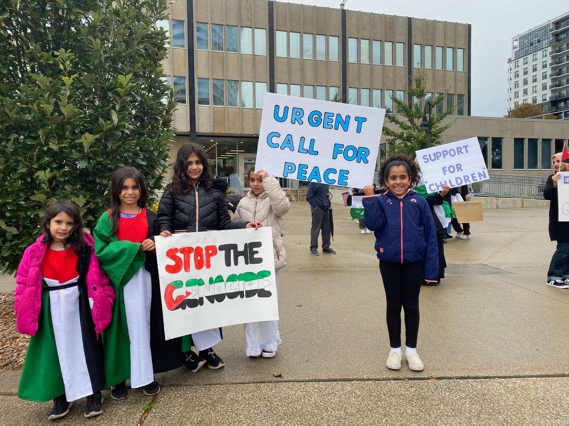 Members of Sarnia-Lambton's Palestinian community gather outside Sarnia city hall calling for peace in the Middle East. October 13, 2023 Blackburn Media photo by Melanie Irwin