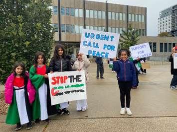 Members of Sarnia-Lambton's Palestinian community gather outside Sarnia city hall calling for peace in the Middle East. October 13, 2023 Blackburn Media photo by Melanie Irwin