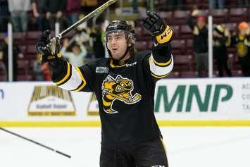 Sarnia Sting forward Angus MacDonell in a playoff game versus the Windsor Spitfires.  26 April 2022. (Metcalfe Photography)