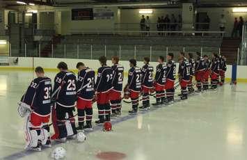 Petrolia Flyers 2019-20 team lined up on the blue line. 17 October 2019. (Photo from the Petrolia Flyers' Facebook page)