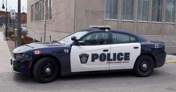 Sarnia police cruiser outside Sarnia City Hall. Blackburn News Sarnia photo.