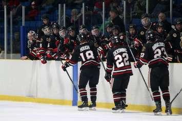 The Sarnia Legionnaires Celebrate A Goal Vs. Komoka Kings - Jan 18/18 (Photo By Dawn Riley Courtesy of Sarnia Legionnaires Via Facebook)