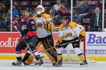 Jeff King helps protect the Sarnia net during an exhibition game vs Windsor. (photo by Metcalfe Photography)