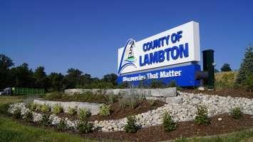 County of Lambton gateway sign off Hwy. 402 in Watford.  7 July 2022.  (Photo by Blackburn Media)