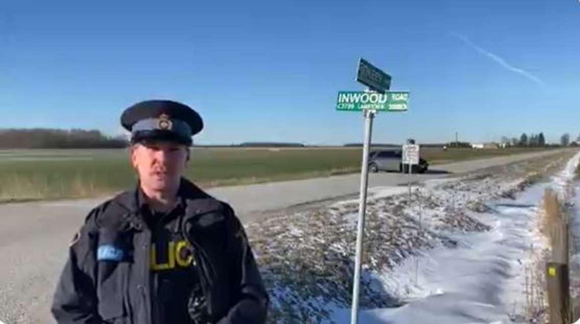 Lambton OPP Cst. Jamie Bydeley on scene of a fatal crash at Inwood Rd. and Rokeby Line - Mar. 11/24 (Photo courtesy of West Region OPP via X)