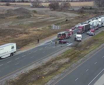 A multi vehicle crash on westbound Highway 402 near Airport Road - Nov. 20/23 (Photo courtesy of Ontario 511)