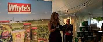 Whyte's Foods president Elisabeth Kawaja, announces plans for a new food processing facility in Wallaceburg. August 23, 2018. (Photo by Greg Higgins)
