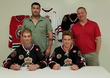 Logan Gardner and Joe Ferrera sign with the Sarnia Legionnaires - May 24/18 (Photo Courtesy of Sarnia Legionnaires)