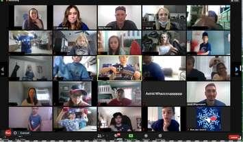 Toronto Blue Jays pitchers Nate Pearson and Jacob Waguespack pay a virtual visit to Grade 4 students in Ms. Jamie Laing's French Immersion class. February 2021. (Screenshot from virtual meeting)