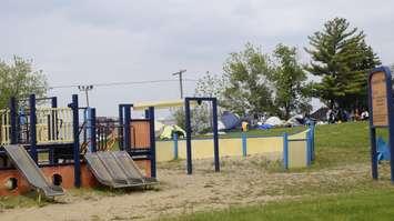 Tents by the playground at Rainbow Park May 16, 2024 (Photo by: Lindsay Newman/ Blackburn Media)