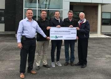(Left to right) Parks and Recreation Director Rob Harwood, Kel-Gor VP Tom Parks, Kel-Gor Project Manager's Matt Gordon and Derek Barton, and Sarnia Arena Revitalization Campaign Lead 
Greg Burr. Photo submitted by the City of Sarnia.