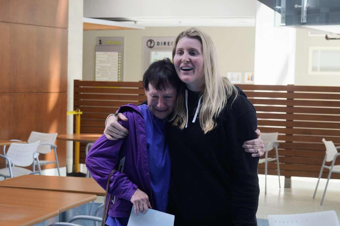 Dr. Hayley Wickenheiser meets an emotional fan at Bluewater Health's Sarnia site. May 18, 2023. (Photo by Natalia Vega)