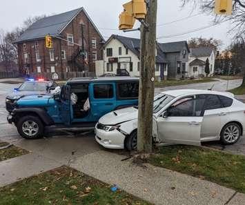 Two-vehicle crash Vidal St. S and Wellington St. (Image courtesy of the Sarnia Police Service via X)