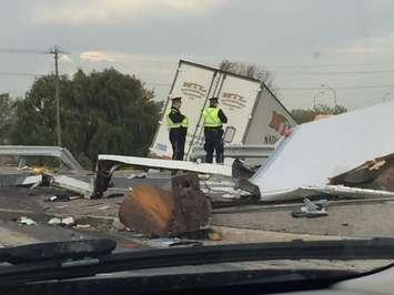 WB Hwy 402 Crash. BlackburnNews.com Photo by  Lisa Atkinson. 