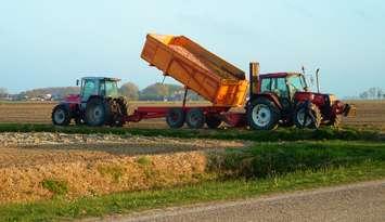 Agriculture workers operate tractors full of potatoes. (Photo courtesy of EricPruis via morgueFile)