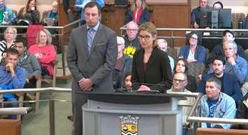 BM Ross Planning Consultant Jordan Fohkens and Western Sarnia-Lambton Research Park Executive Director Katherine Albion address Sarnia council. October 16, 2023 Image captured from online broadcast.