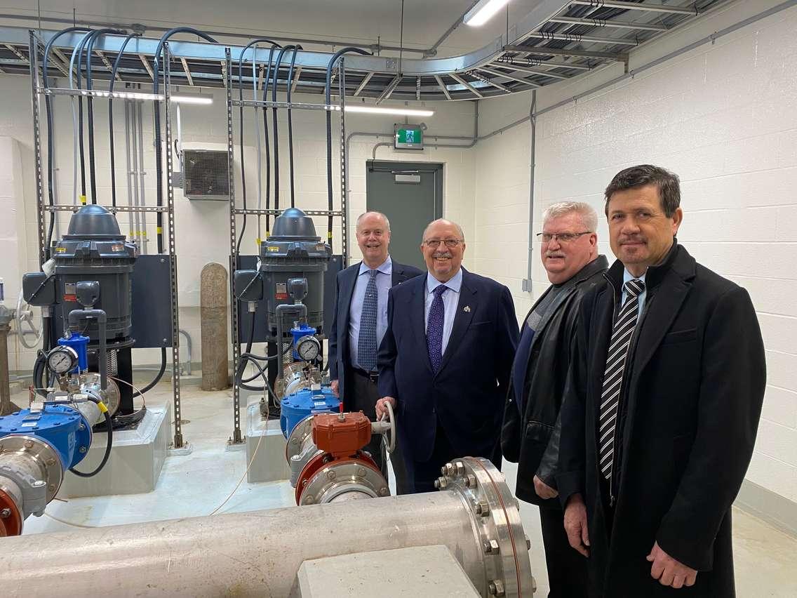 (From left to right) Petrolia Mayor Brad Loosley, Sarnia-Lambton MPP Bob Bailey, Dawn-Euphemia Mayor Al Broad and Enniskillen Township Mayor Kevin Marriott celebrate a funding commitment for a new intake pipeline in Lake Huron at the Petrolia Water Treatment Plant in Bright's Grove. April 27, 2022 Photo by Melanie Irwin
