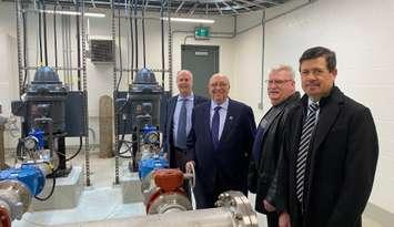 (From left to right) Petrolia Mayor Brad Loosley, Sarnia-Lambton MPP Bob Bailey, Dawn-Euphemia Mayor Al Broad and Enniskillen Township Mayor Kevin Marriott celebrate a funding commitment for a new intake pipeline in Lake Huron at the Petrolia Water Treatment Plant in Bright's Grove. April 27, 2022 Photo by Melanie Irwin
