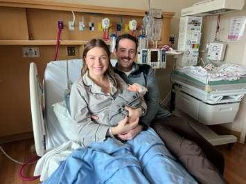 Jessica Brown and Trevor Howard with baby Levi. January 2, 2025. (Photo courtesy of Bluewater Health) 