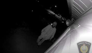 Sarnia police release video footage to identify suspect accused of trying to break into two residences. September 2025. (Photo courtesy of the Sarnia Police Services) 