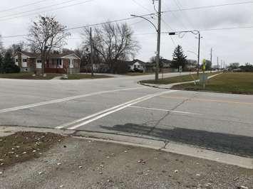 The intersection of Hill Street, Queen Street and Nash Drive in Corunna. Blackburn Media photo by Carrie Buchanan. 
