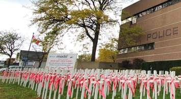 White Crosses at Sarnia Police Headquarters Nov. 2, 2019 (BlackburnNews.com Photo by Dave Dentinger)