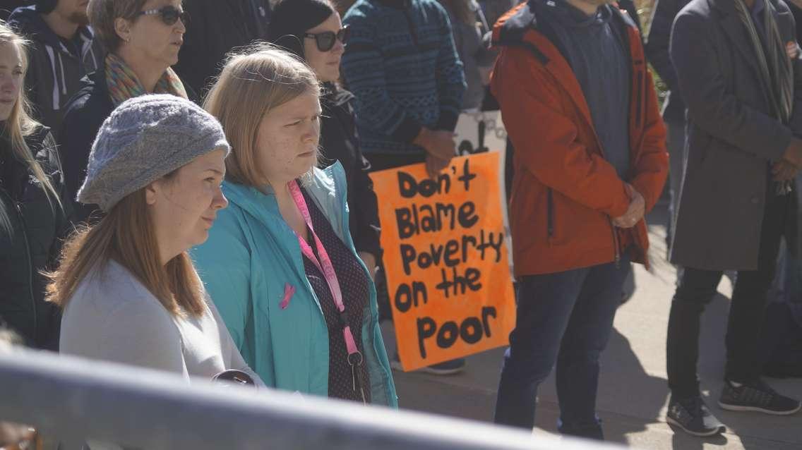 A crowd of people listen to a variety of speakers at an anti-poverty rally in Sarnia. October 18, 2019 Photo by Melanie Irwin