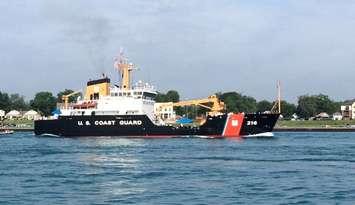 U.S. Coast Guard patrols the water before the start of the Mackinac Sailboat Race. photo sent by Blackburn Radio App, July 18, 2015.