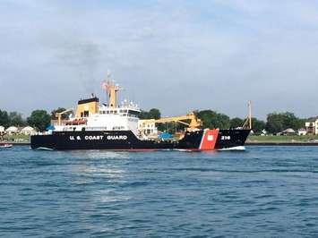 U.S. Coast Guard patrols the water before the start of the Mackinac Sailboat Race. photo sent by Blackburn Radio App, July 18, 2015.