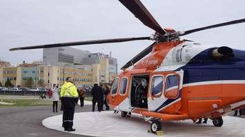 An Ornge helicopter at Bluewater Health's helipad in Sarnia. 14 October 2022.  (Blackburn Media photo)