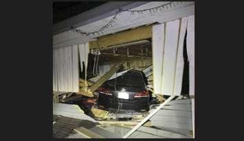 A vehicle crashed into the Sleepy Hollow Railway storage building in Strathroy. July 1, 2024. Photo courtesy of Strathroy-Caradoc Police.
