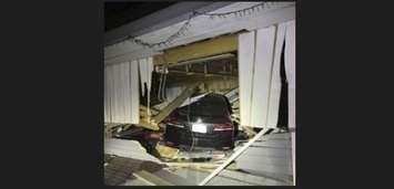 A vehicle crashed into the Sleepy Hollow Railway storage building in Strathroy. July 1, 2024. Photo courtesy of Strathroy-Caradoc Police.