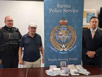 SPS fentanyl seizure. (right) Sarnia Police Chief Derek Davis, Dr. Delmar Donald, and Det. Sgt. Mike Howell. September 14, 2022. (Photo by Natalia Vega)