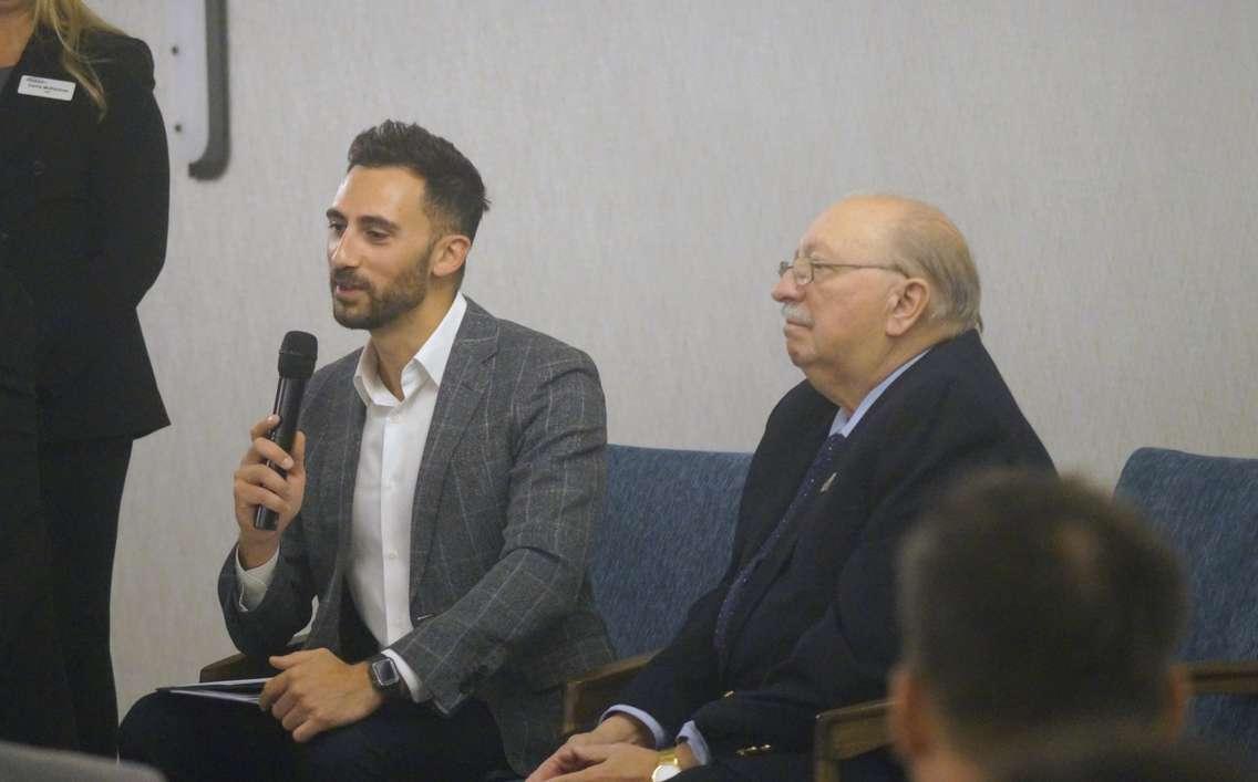 Ontario Minister of Energy and Electrification Stephen Lecce and Sarnia-Lambton MPP Bob Bailey sit down for Q-and-A at Sarnia Lambton Chamber of Commerce event. January 14, 2025. (Photo by Natalia Vega)