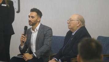 Ontario Minister of Energy and Electrification Stephen Lecce and Sarnia-Lambton MPP Bob Bailey sit down for Q-and-A at Sarnia Lambton Chamber of Commerce event. January 14, 2025. (Photo by Natalia Vega)