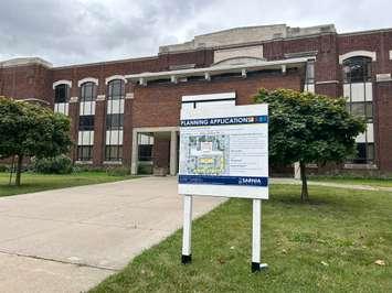 A planning application sign in front of the Royal SCITS Academy on Wellington Street in Sarnia, September 25, 2024. Blackburn Media photo by Lindsay Newman.