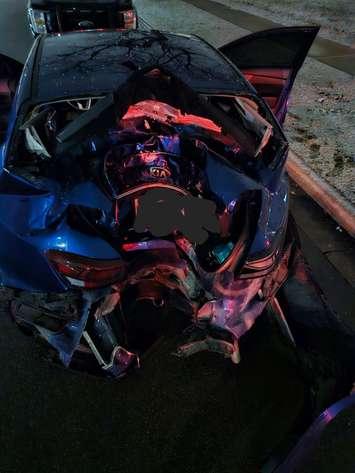 A blue Kia struck a Hydro pole during an impaired collision (photo submitted: Sarnia Police Service)